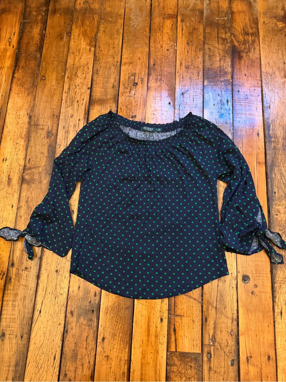 Ralph Lauren Navy Blouse with Green Polka Dots open cut outs on sleeves w ties
